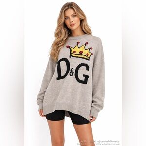 Tango Style XL Grey Crown Graphic Oversized Knit Sweater Streetwear